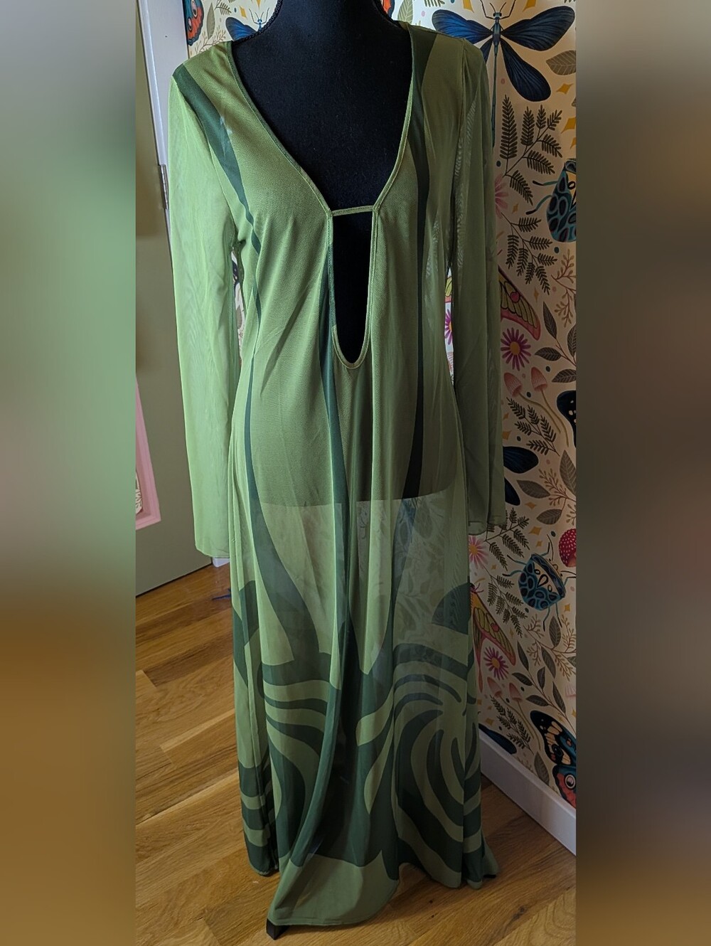 Caroline Constas Green Sheer Long-Sleeve Mesh Cover-Up Dress, NWT! Size Medium - Picture 6 of 8